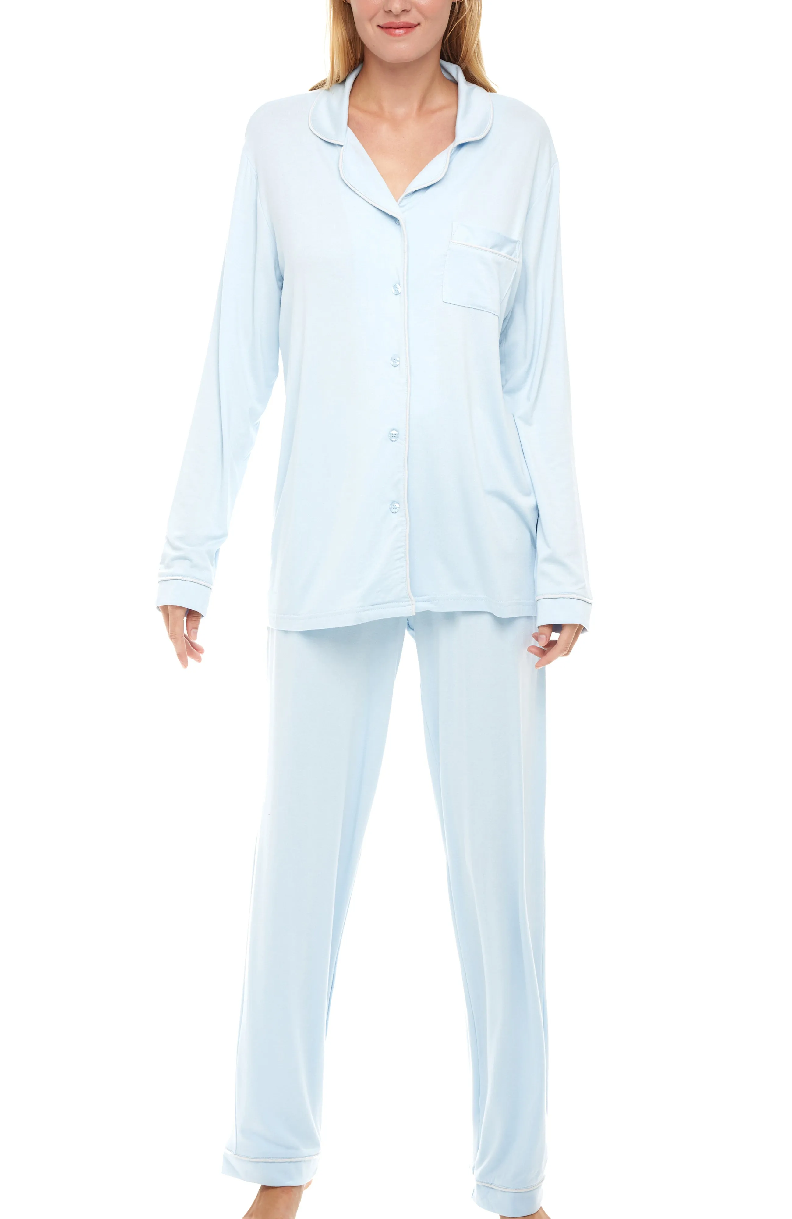 Classic Knit Pajamas Set with Pockets, Lightweight Long Sleeve PJ Set