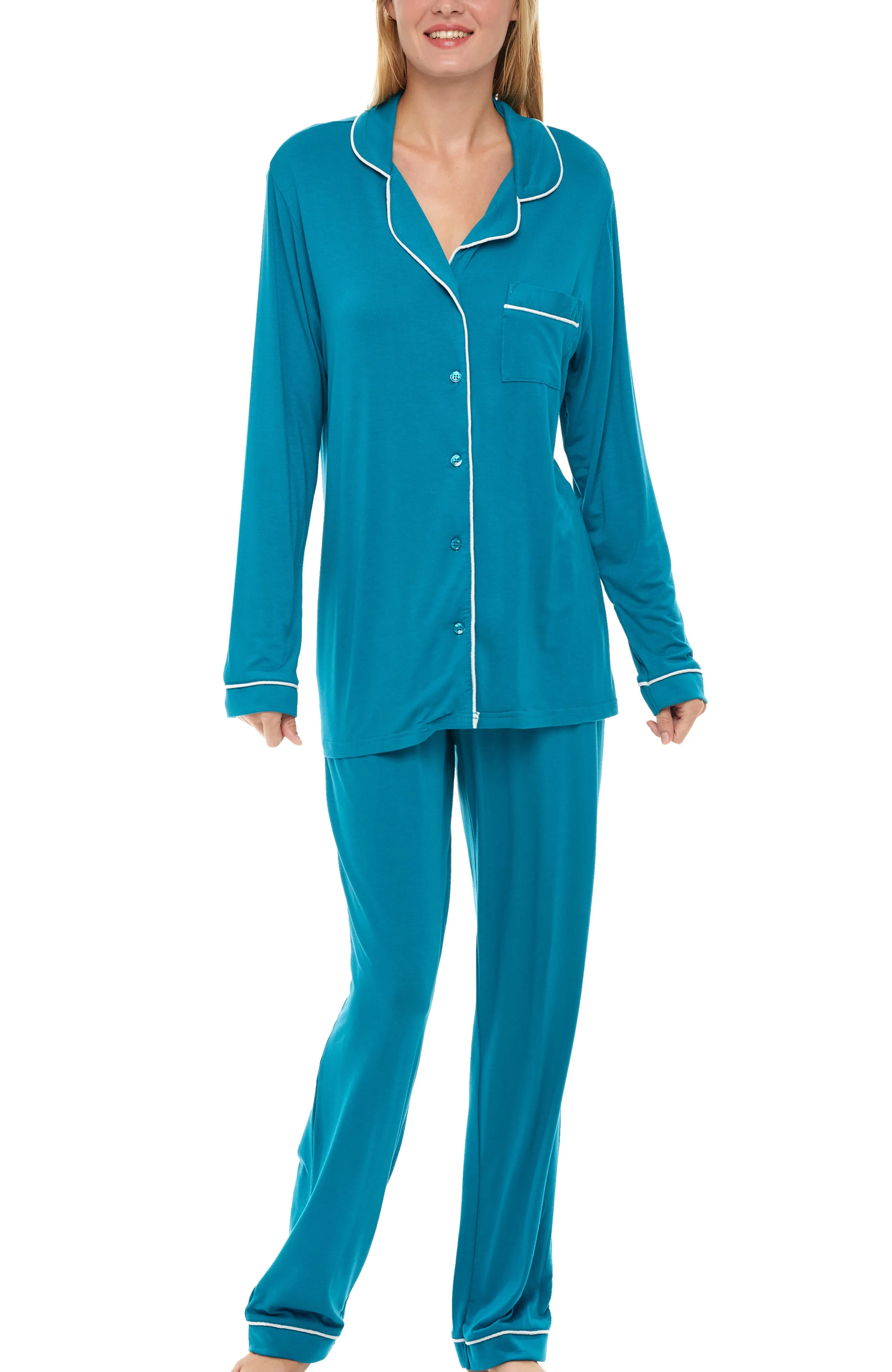 Classic Knit Pajamas Set with Pockets, Lightweight Long Sleeve PJ Set