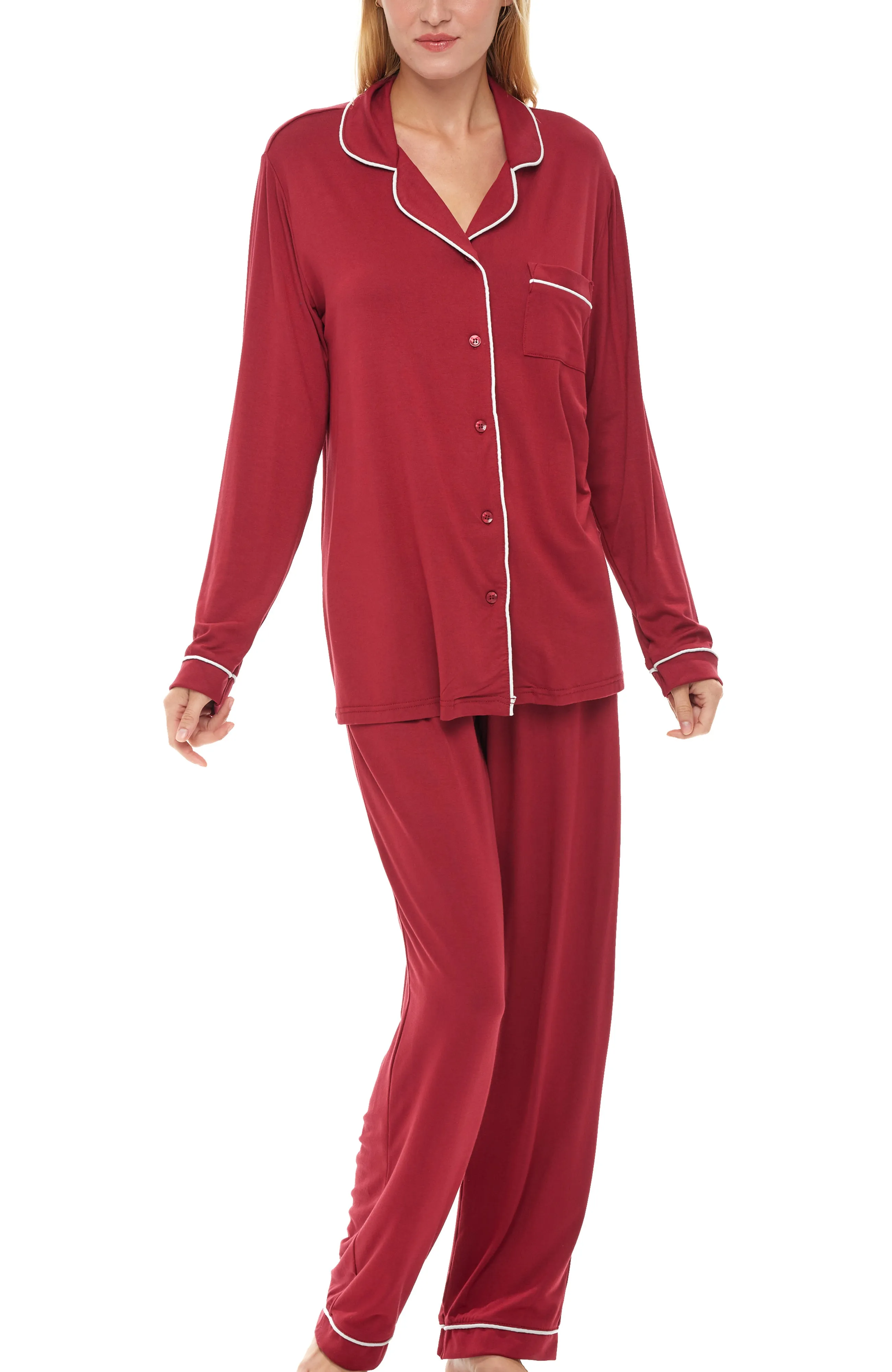 Classic Knit Pajamas Set with Pockets, Lightweight Long Sleeve PJ Set