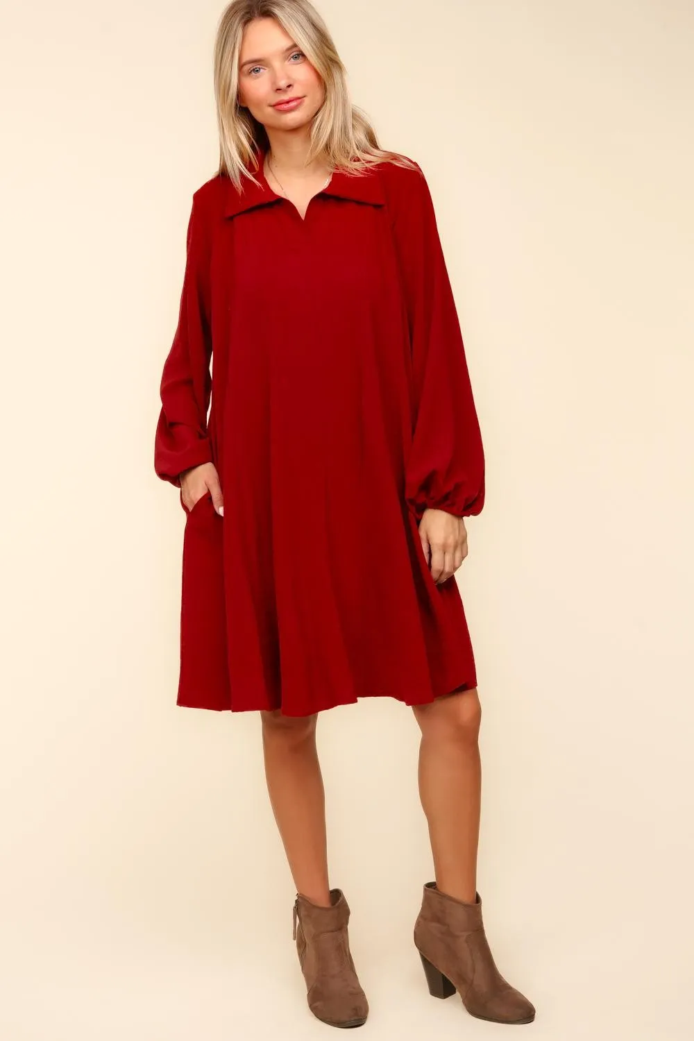 COLLAR NOTCH NECK WOVEN DRESS W/ SIDE POCKETS