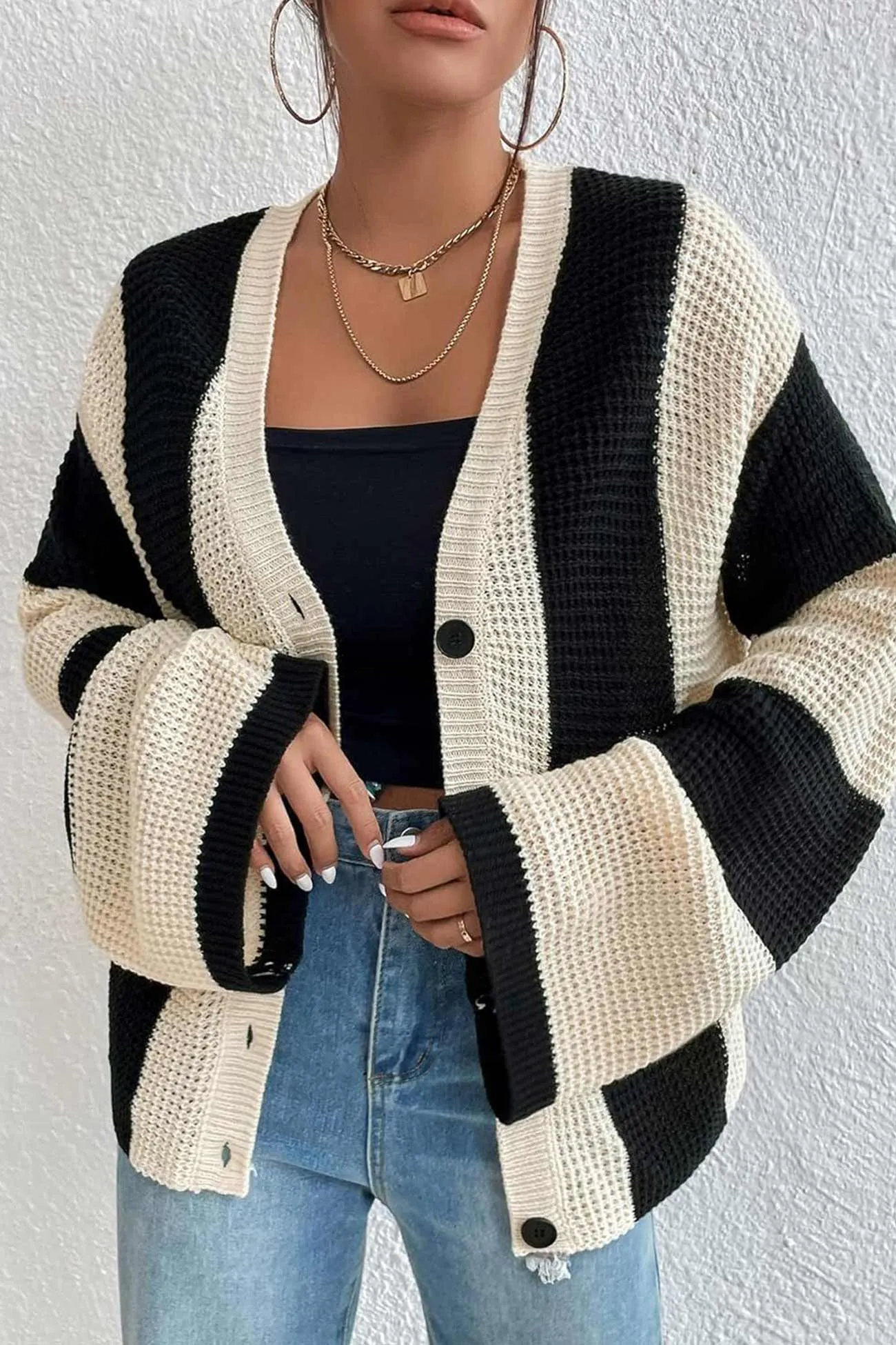 Contrast Striped Flares Sleeve Cardigan