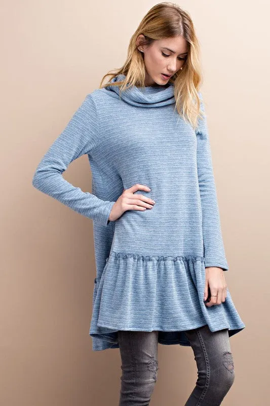 Cowl Neck Knit Dress W/ Ruffle