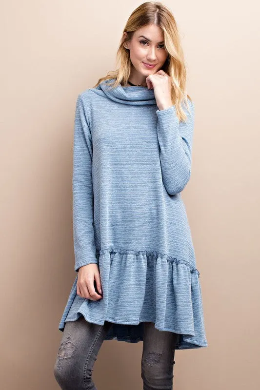 Cowl Neck Knit Dress W/ Ruffle