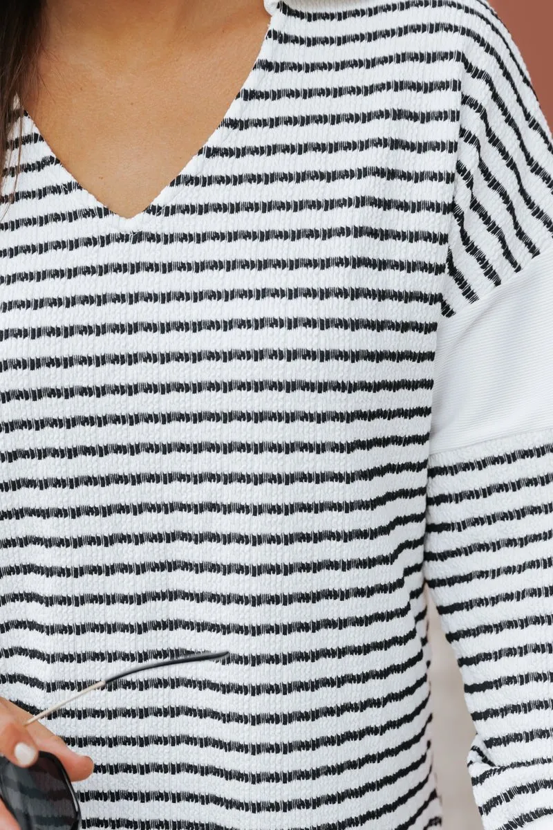 Cream Stripe Collared V Neck Sweater