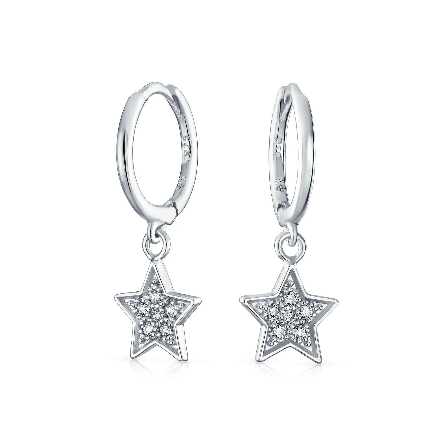 CZ Circle Patriotic Charm Star Huggie Dangle Earrings Sterling Silver