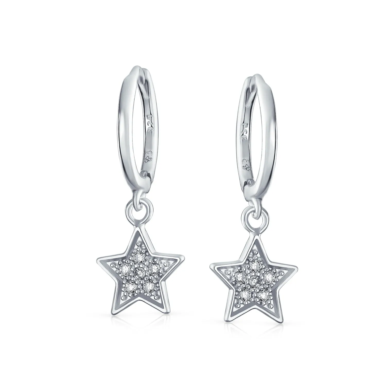 CZ Circle Patriotic Charm Star Huggie Dangle Earrings Sterling Silver