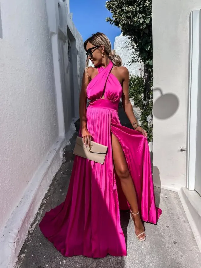 Daffy Backless Halter Maxi Dress - Fuchsia