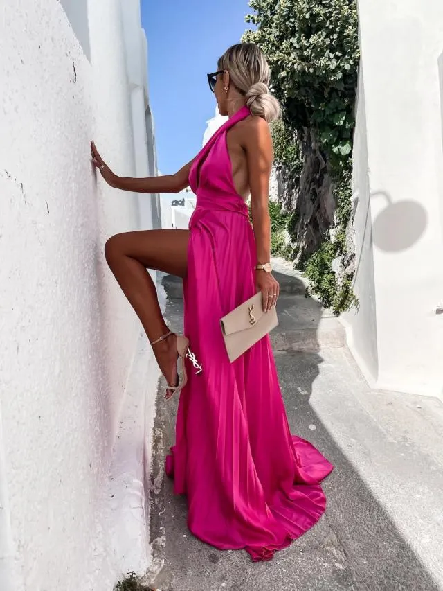 Daffy Backless Halter Maxi Dress - Fuchsia