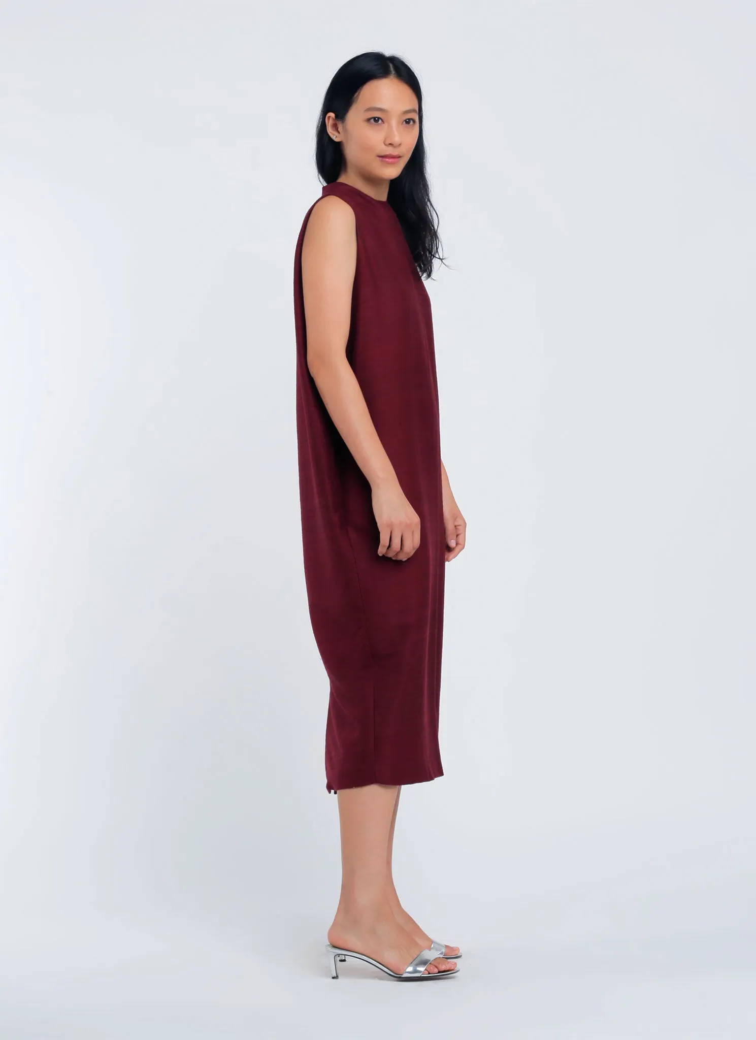 Dill High Collar Silk Dress - Plum