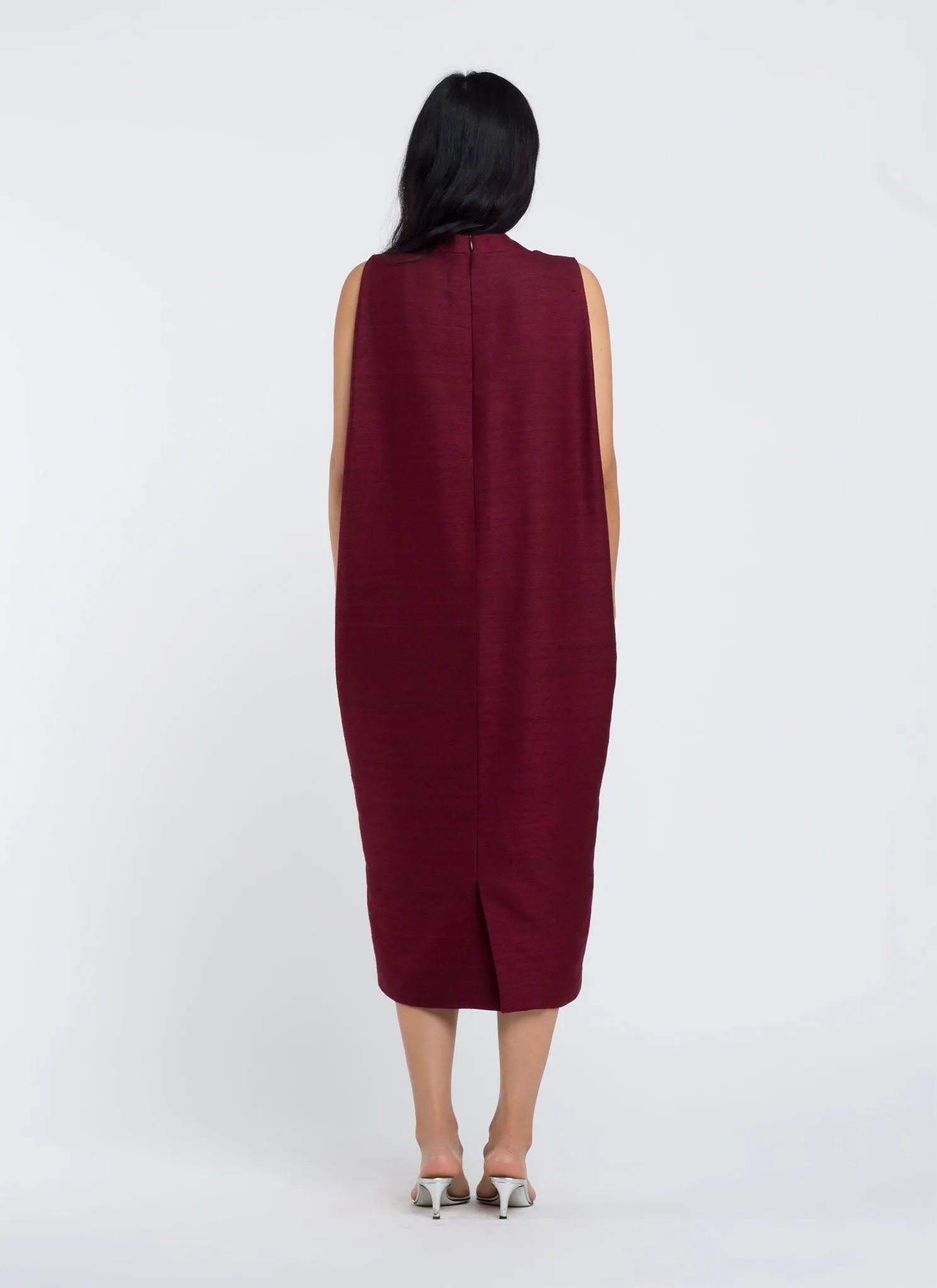 Dill High Collar Silk Dress - Plum