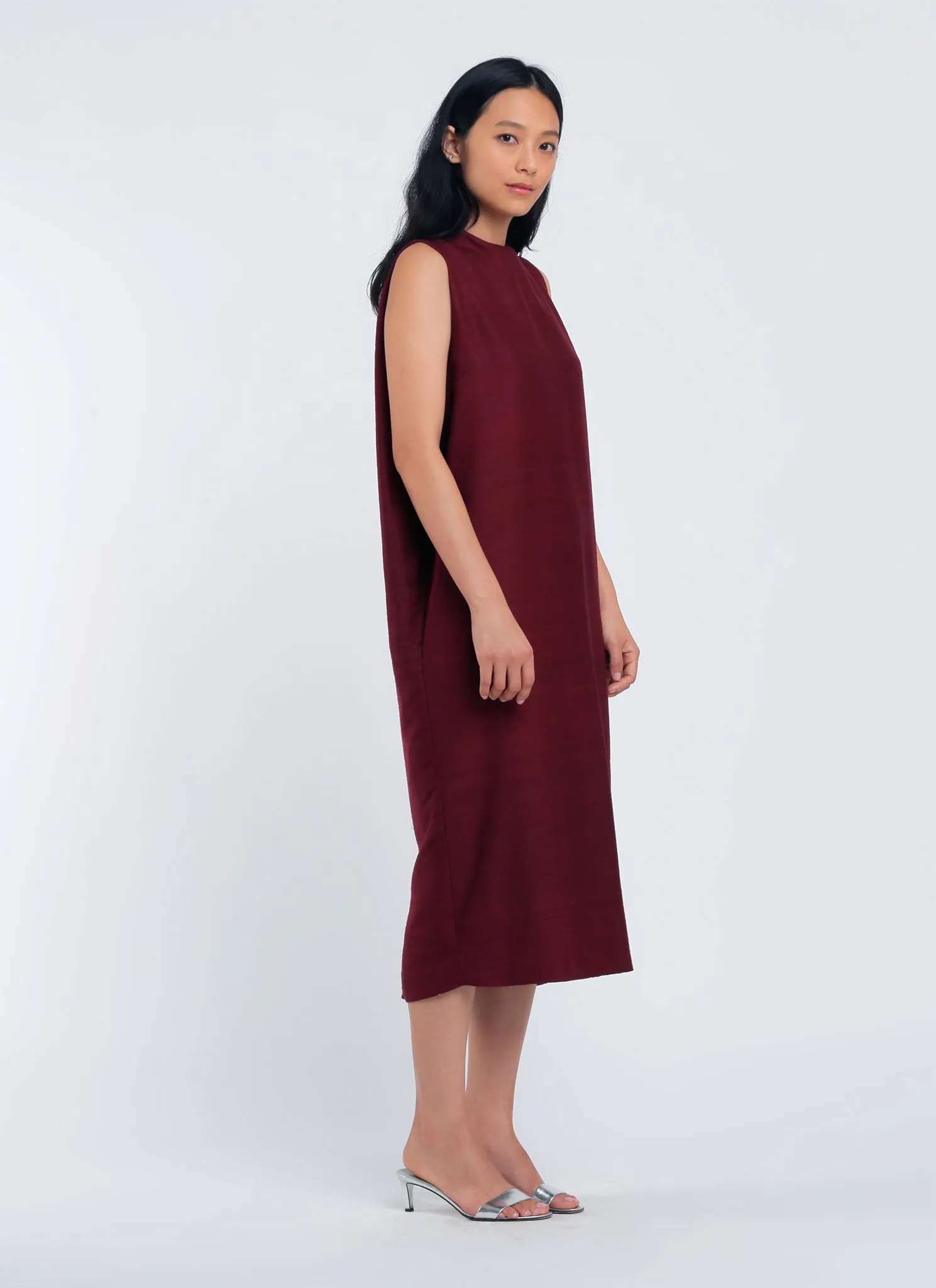 Dill High Collar Silk Dress - Plum