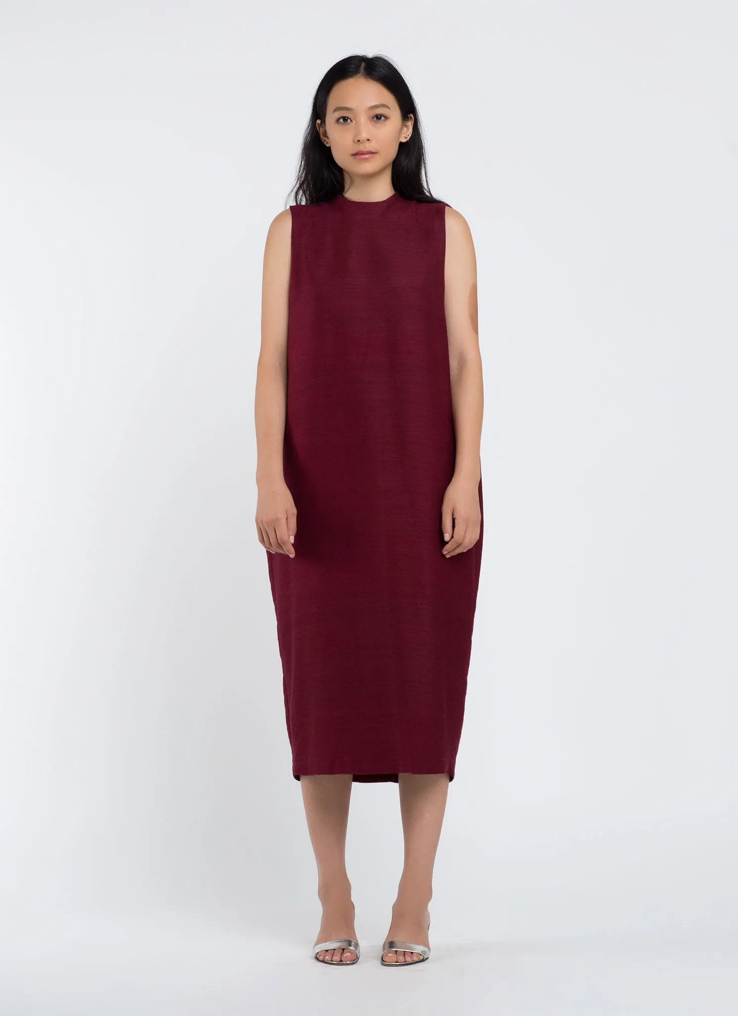 Dill High Collar Silk Dress - Plum