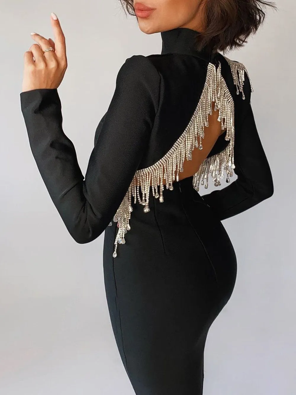 DIVINA Crystal Tassels Backless Mini Dress