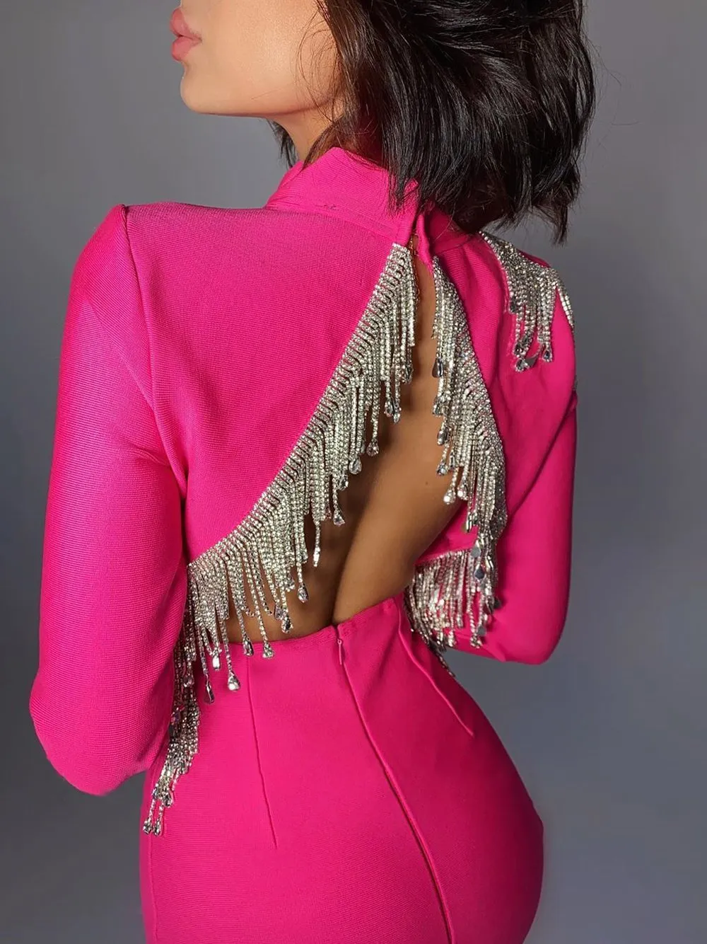 DIVINA Crystal Tassels Backless Mini Dress