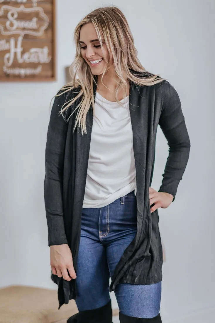 Do Not Complain Open Front Pockets Long Sleeve Cardigan in Black