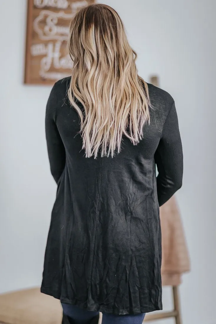 Do Not Complain Open Front Pockets Long Sleeve Cardigan in Black