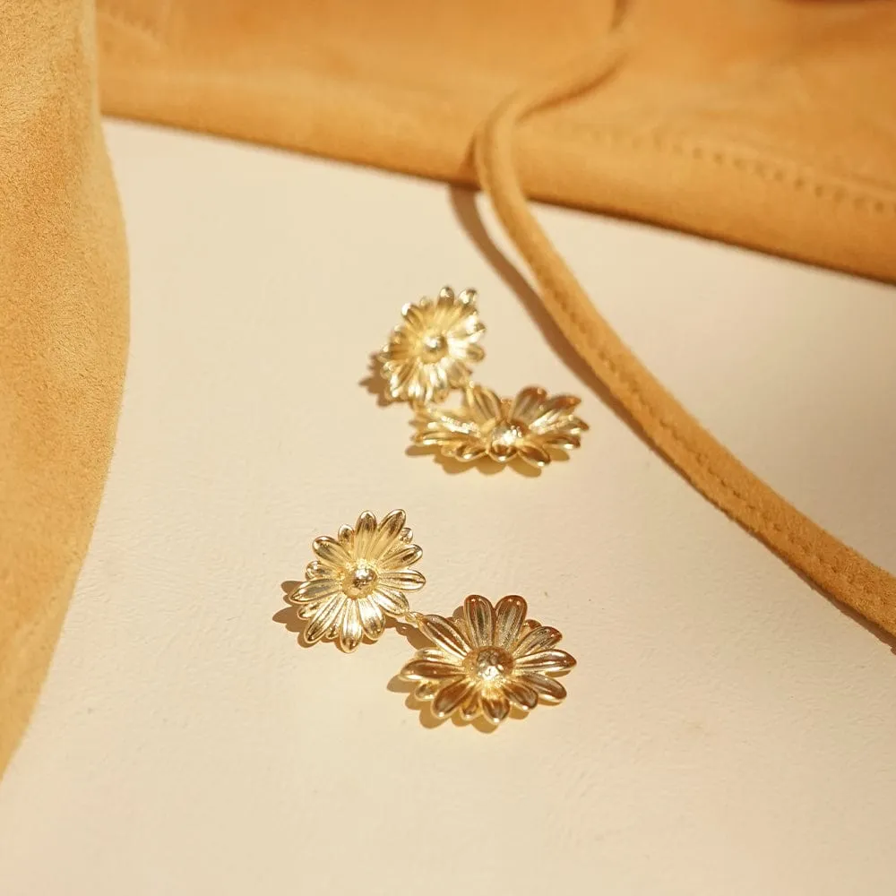 Double Daisy Flower Earrings 18ct Gold Plate