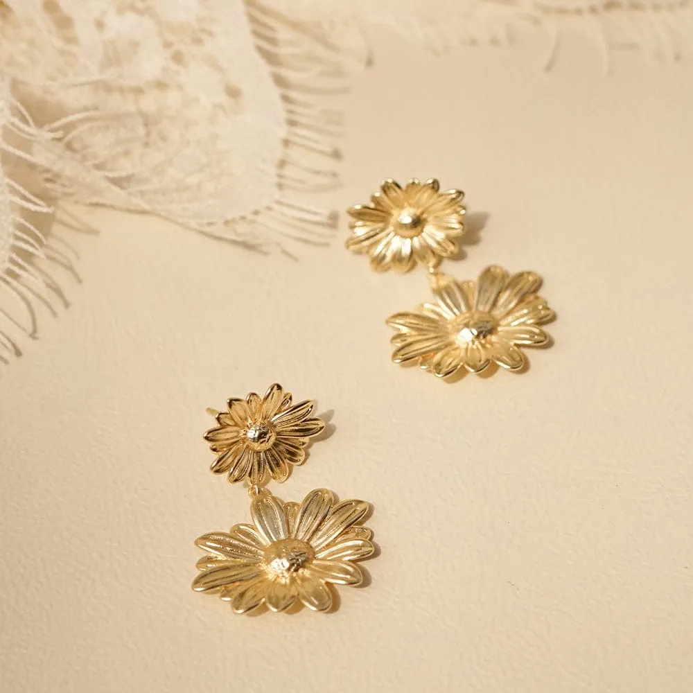 Double Daisy Flower Earrings 18ct Gold Plate