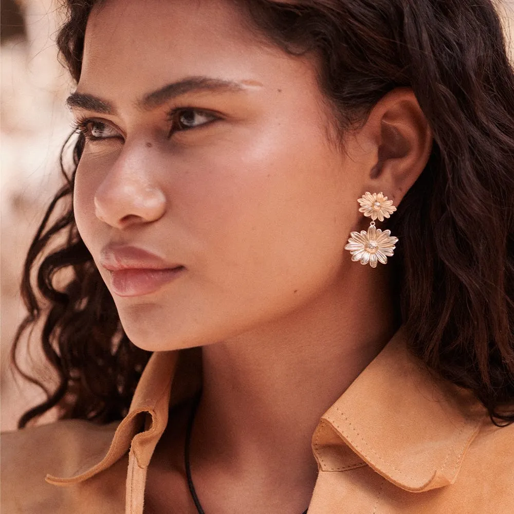 Double Daisy Flower Earrings 18ct Gold Plate