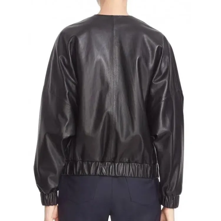 Elegant Black Leather Bomber Jacket for Women