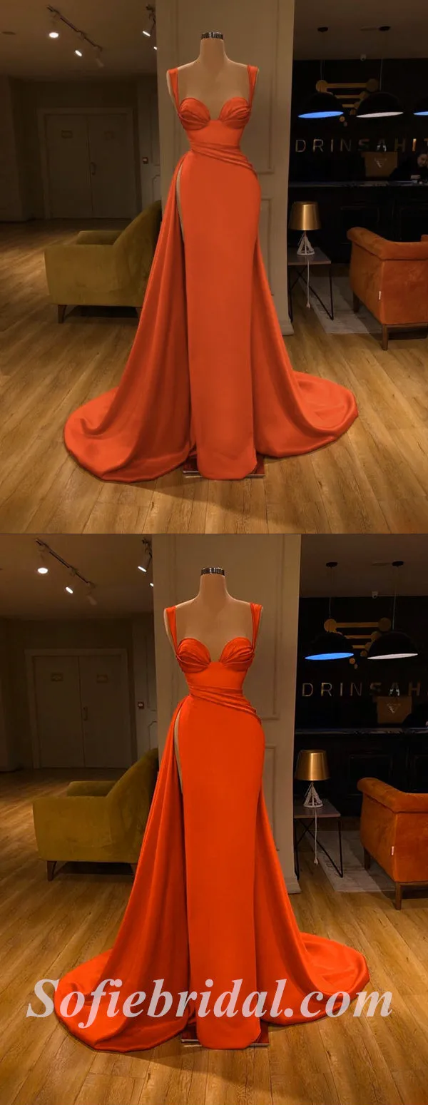 Elegant Orange Satin Spaghetti Straps Sleeveless Side Slit Mermaid Long Prom Dresses With Pleats,SFPD0397