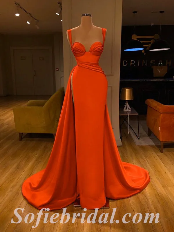 Elegant Orange Satin Spaghetti Straps Sleeveless Side Slit Mermaid Long Prom Dresses With Pleats,SFPD0397