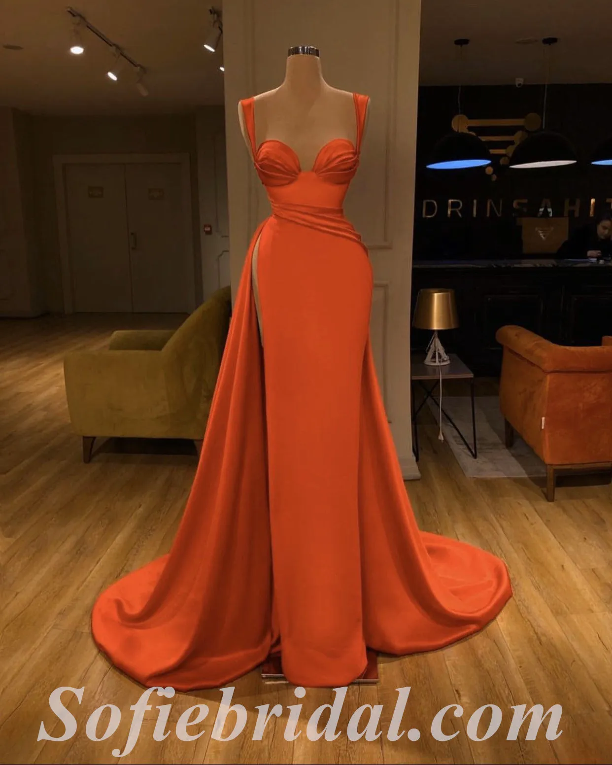 Elegant Orange Satin Spaghetti Straps Sleeveless Side Slit Mermaid Long Prom Dresses With Pleats,SFPD0397