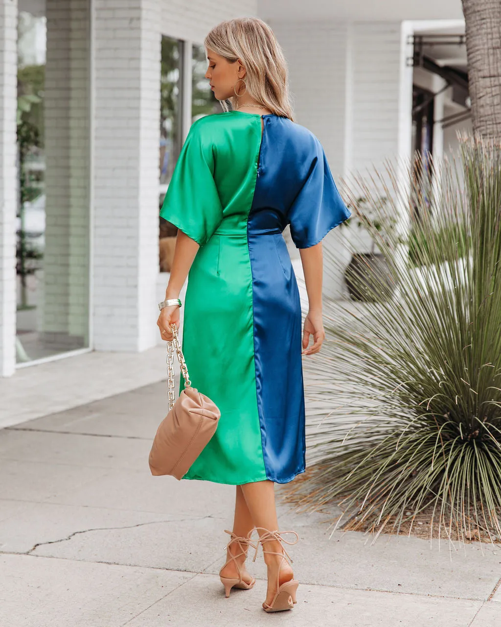 Essex Satin Colorblock Twist Midi Dress - Navy Green - FINAL SALE