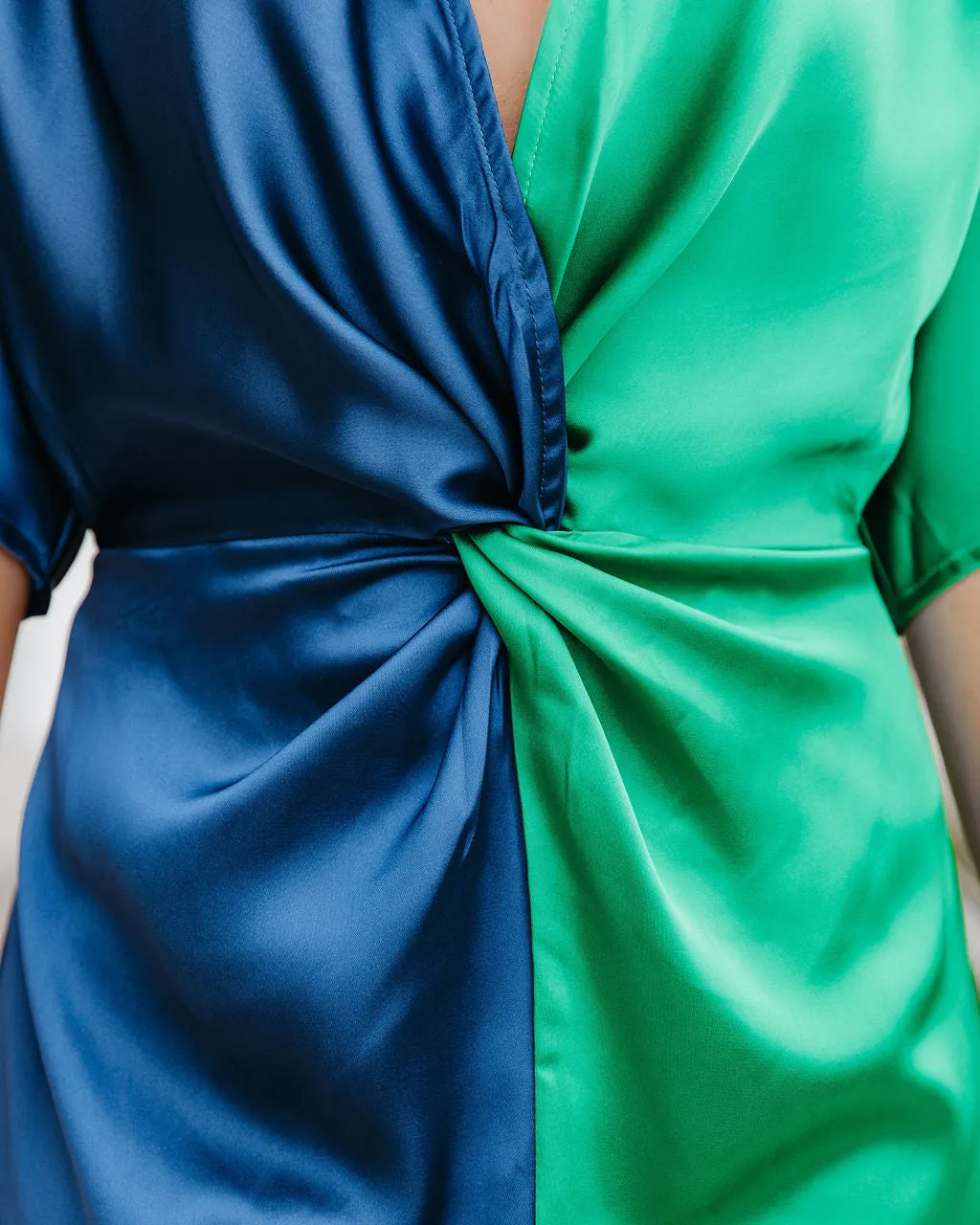 Essex Satin Colorblock Twist Midi Dress - Navy Green - FINAL SALE