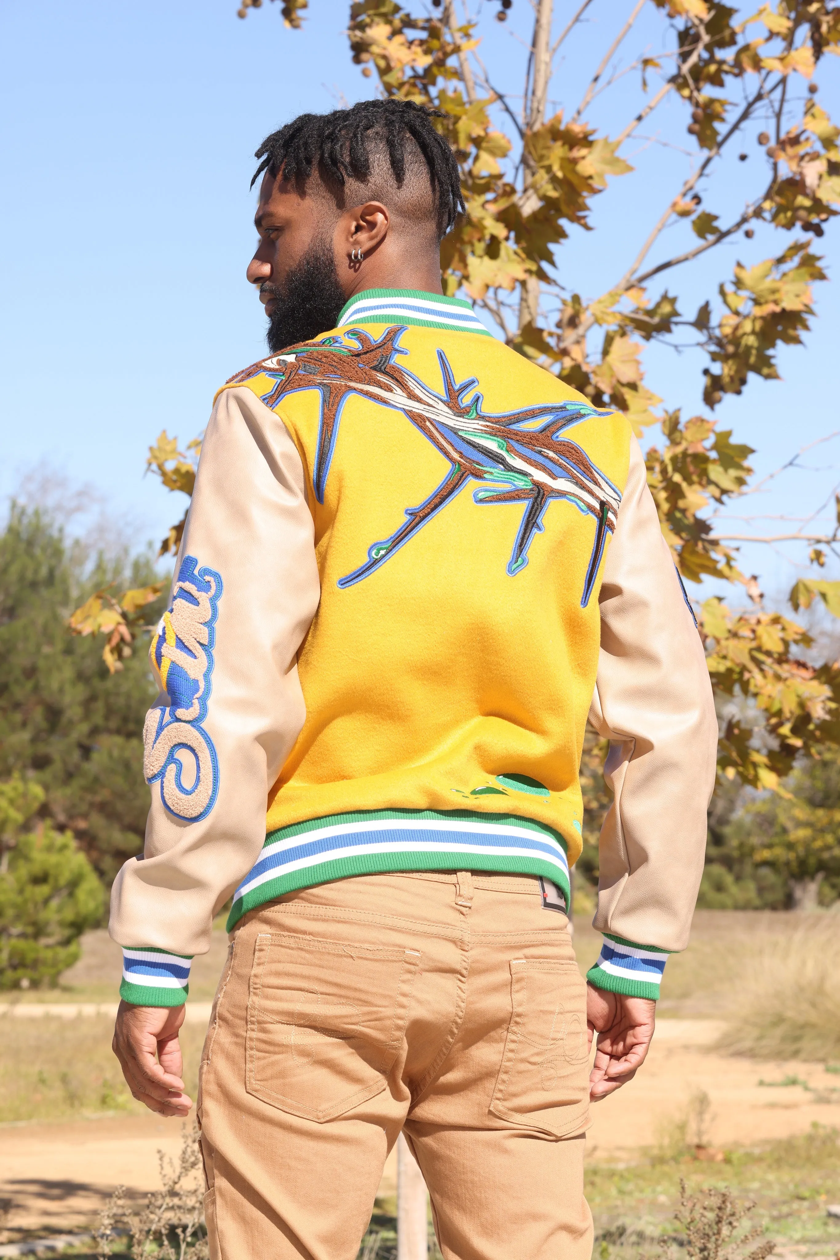 F1021 "SAINTS" Wool Varsity Jacket - Wheat