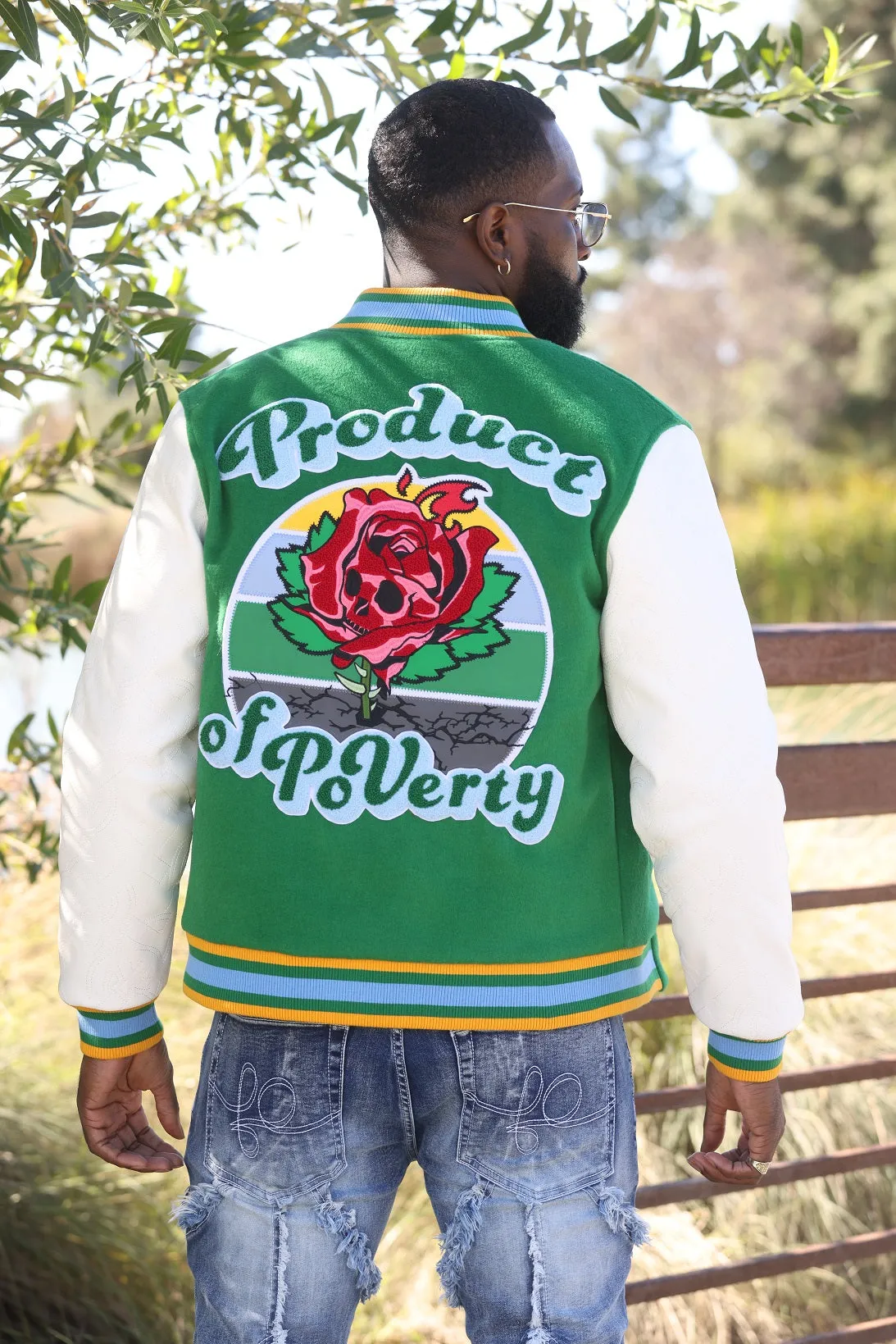 F1026 Product of Poverty Varsity Jacket - Green