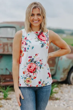 Feeling Pretty Good Floral Print Ruffle Detail Tank Top in Ivory