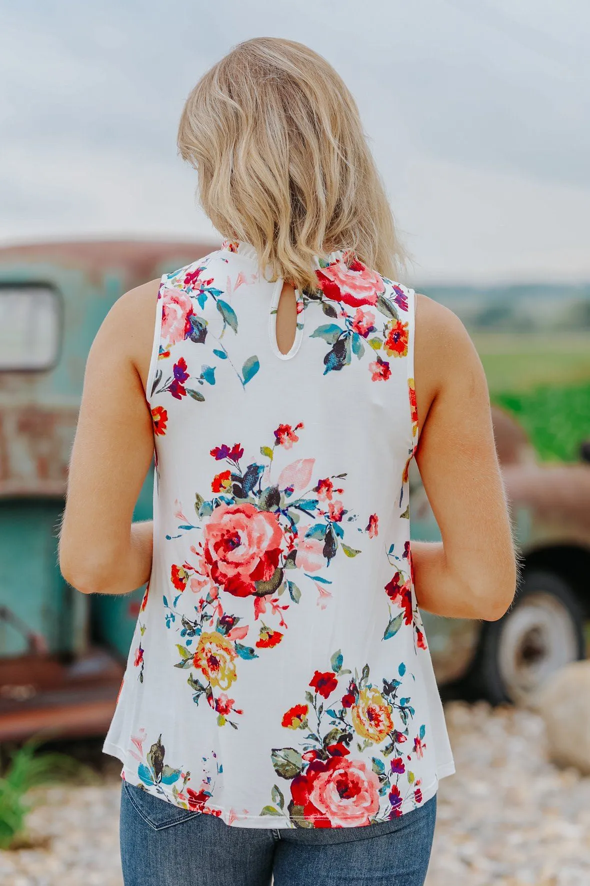 Feeling Pretty Good Floral Print Ruffle Detail Tank Top in Ivory