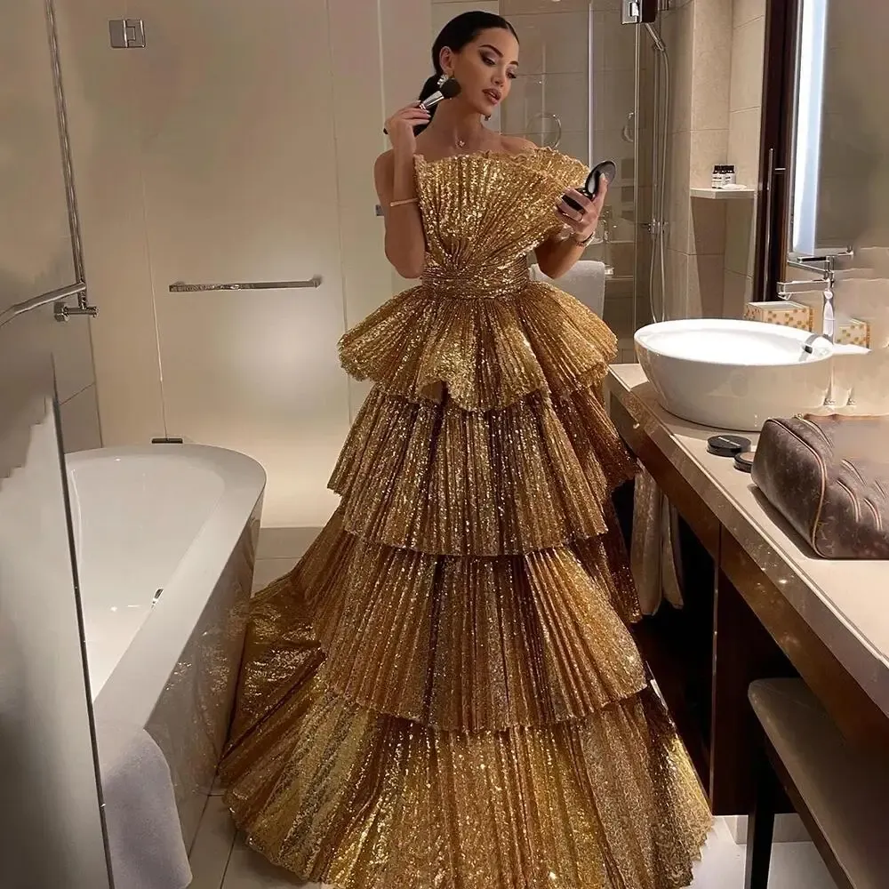 Gold A-Line Strapless Ruffles Evening Dresses Luxury Gowns For Women Party Couture فساتين سهره فاخره 2023