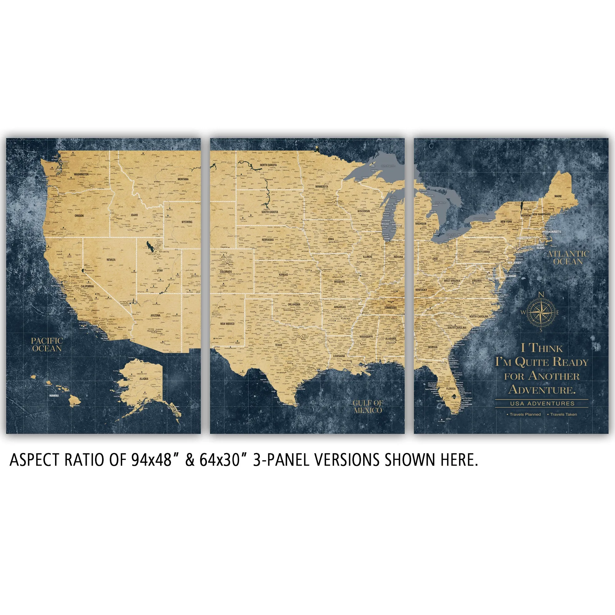 Gold & Navy Textured USA Push Pin Map