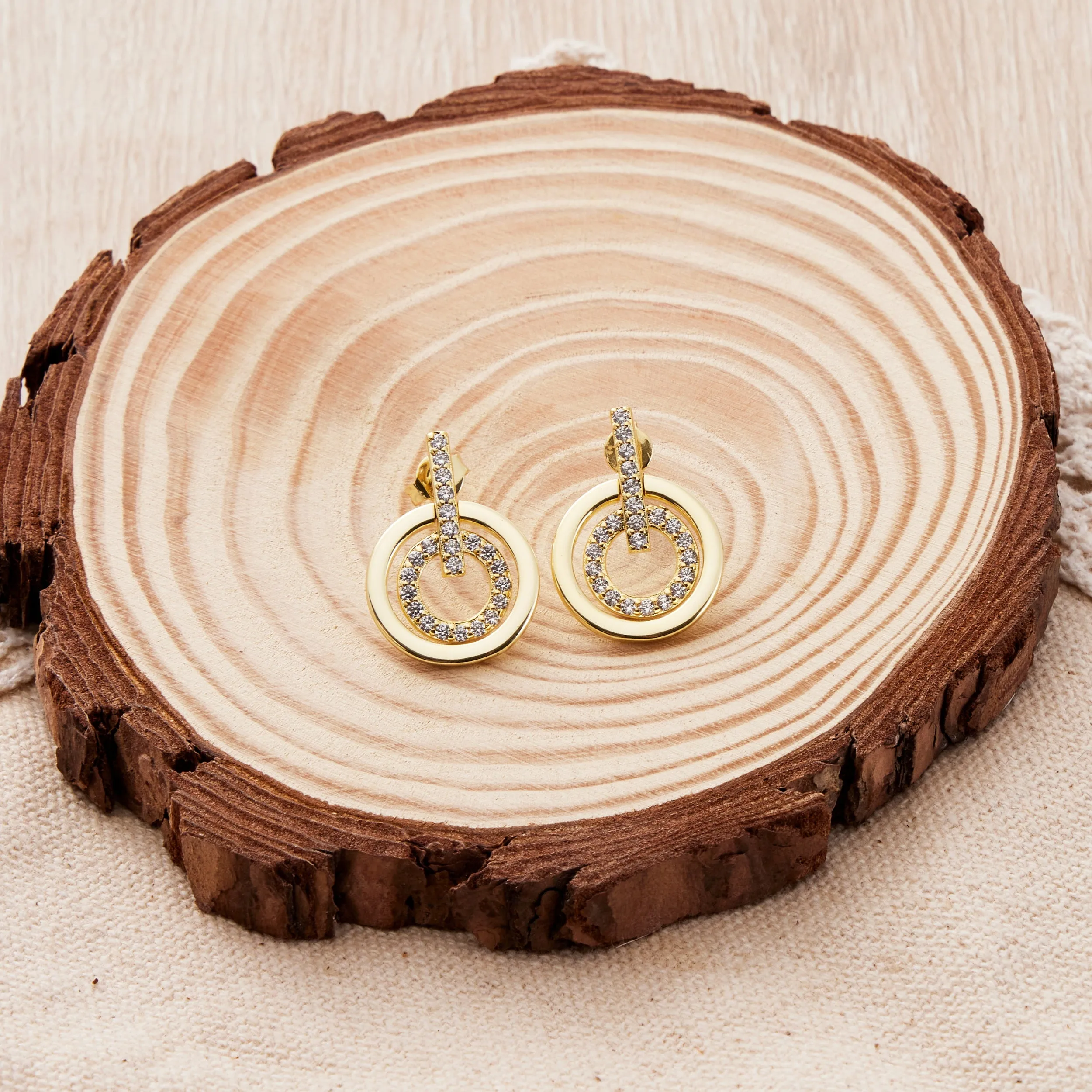 Gold Plated Double Circle Drop Earrings Created with Zircondia® Crystals