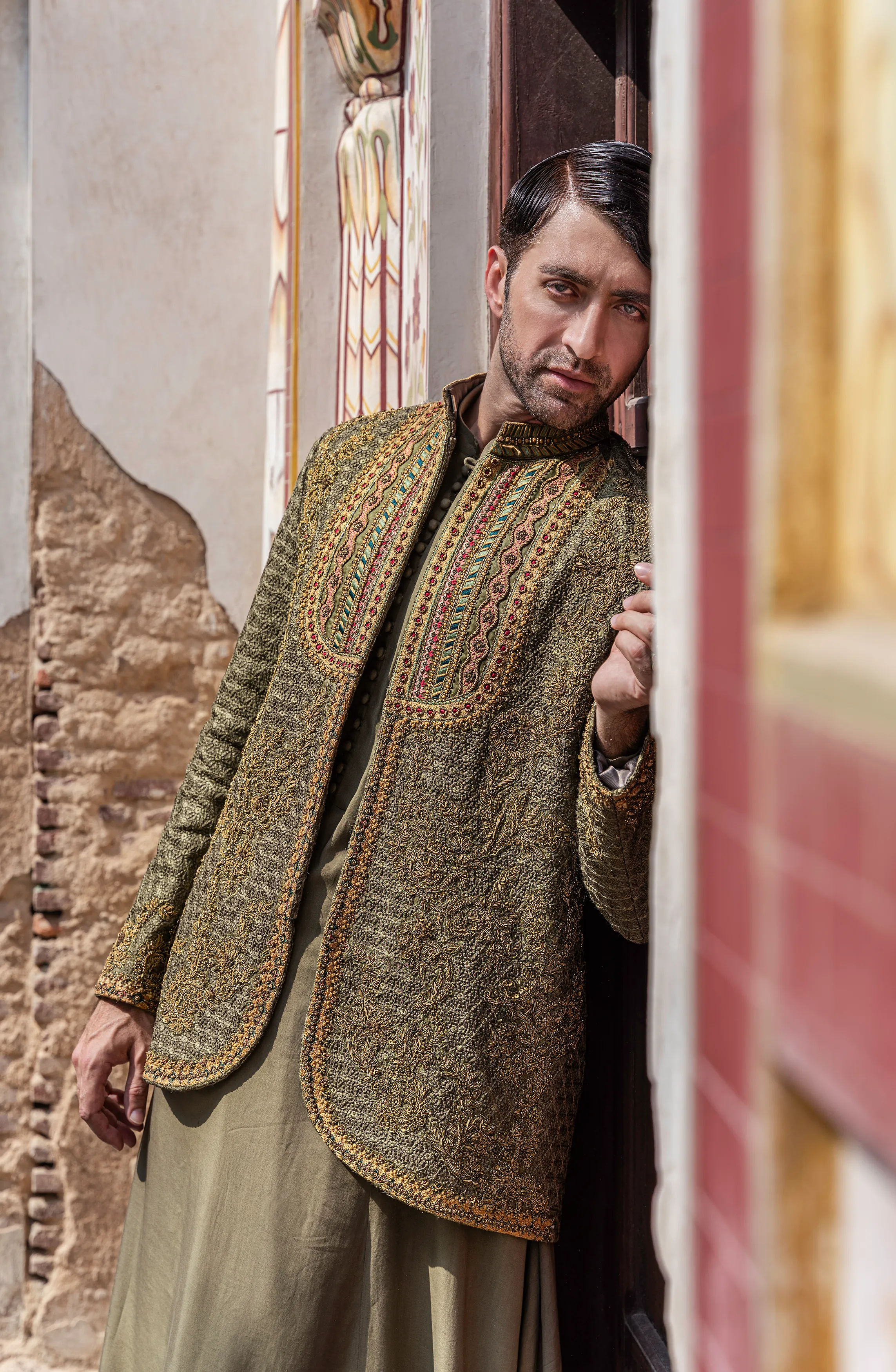 Handcrafted Green Prince Coat with Rajasthani Kurta & Pajama