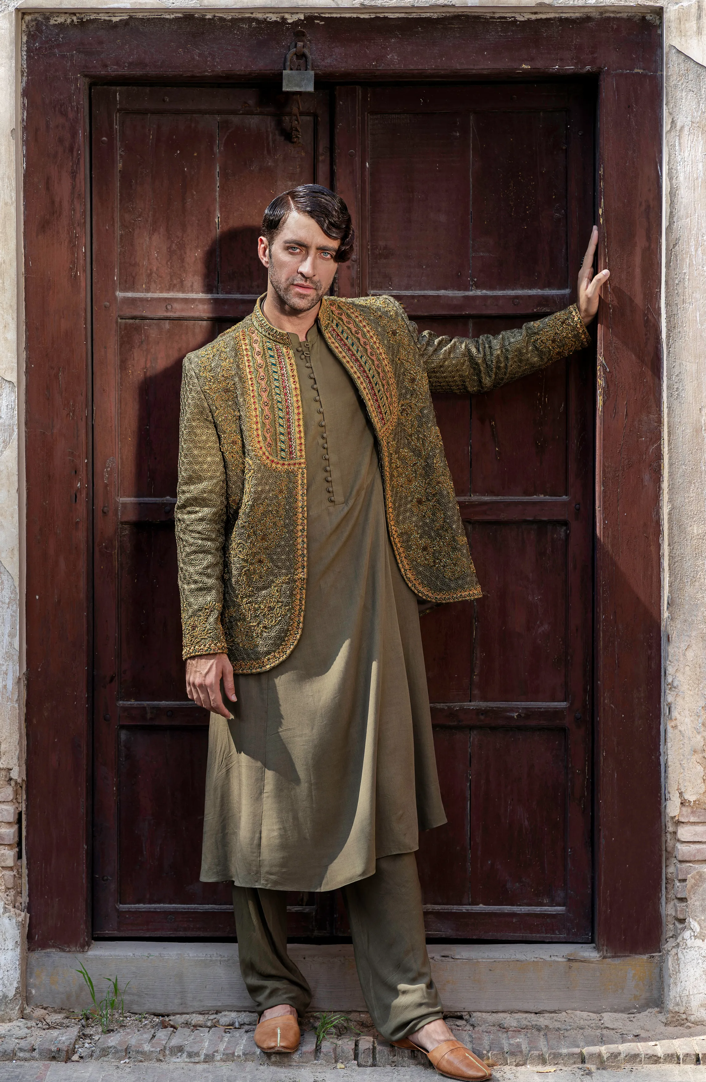 Handcrafted Green Prince Coat with Rajasthani Kurta & Pajama