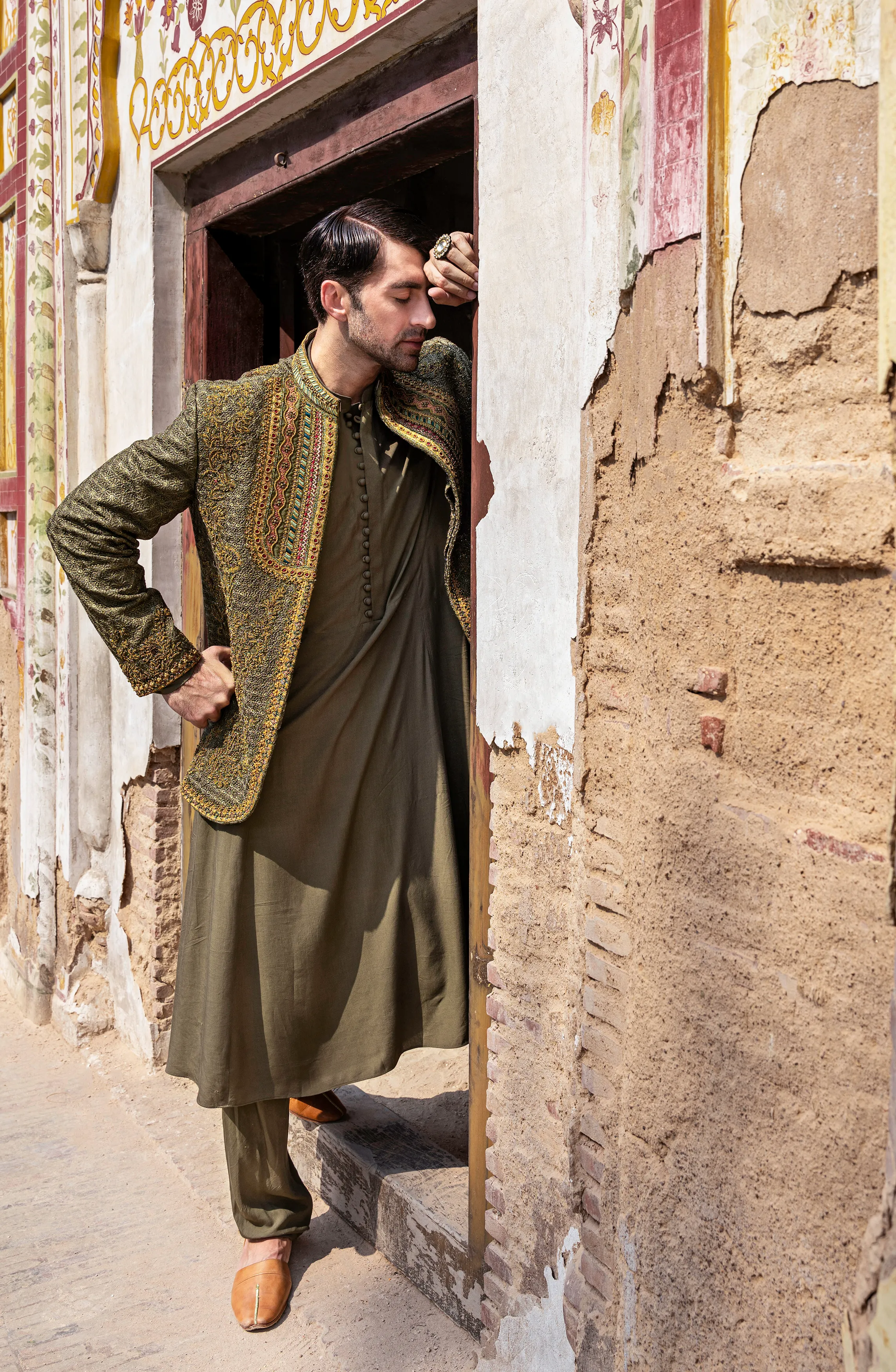 Handcrafted Green Prince Coat with Rajasthani Kurta & Pajama