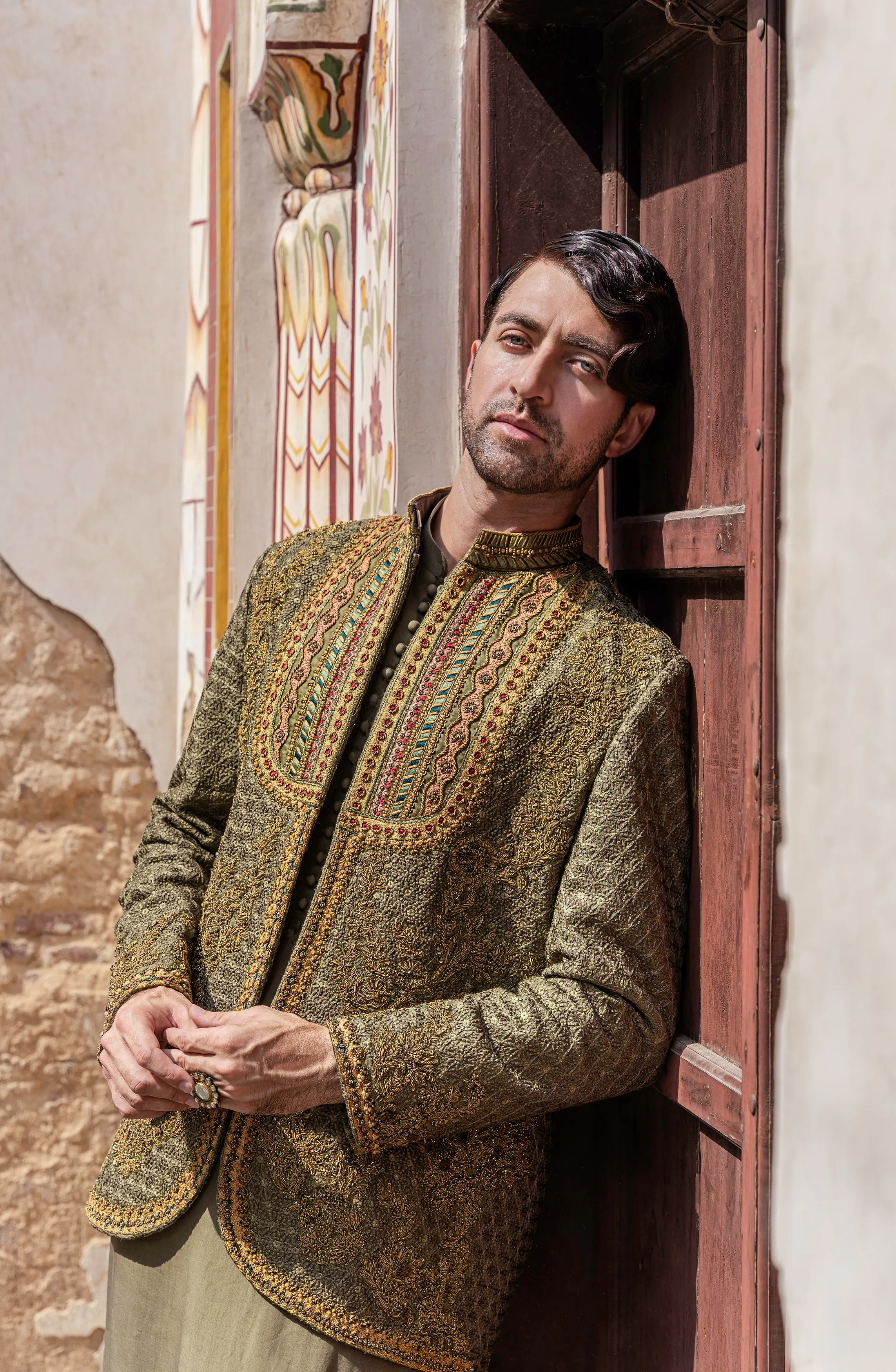 Handcrafted Green Prince Coat with Rajasthani Kurta & Pajama