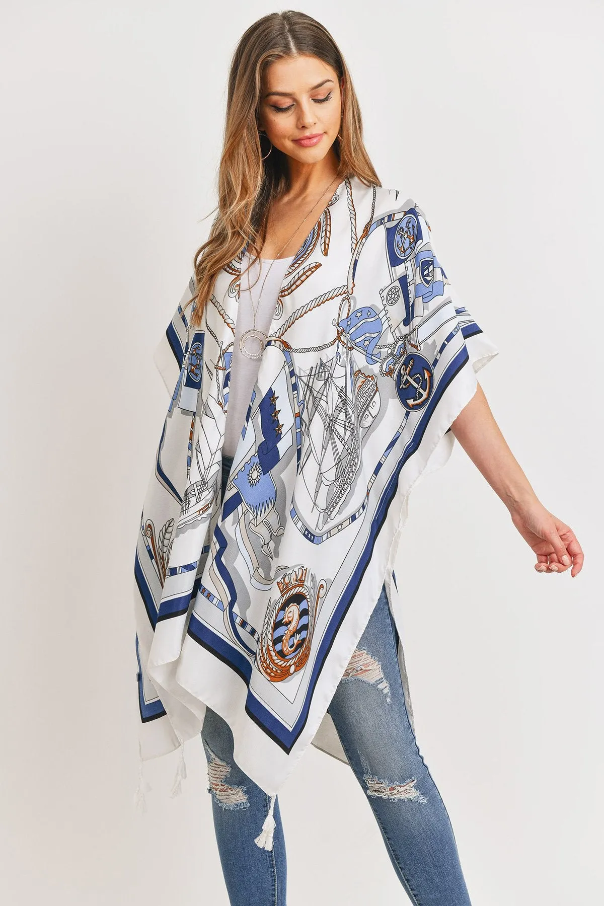 Hdf3176 - Sailors Inspired Pattern Open Front Kimono