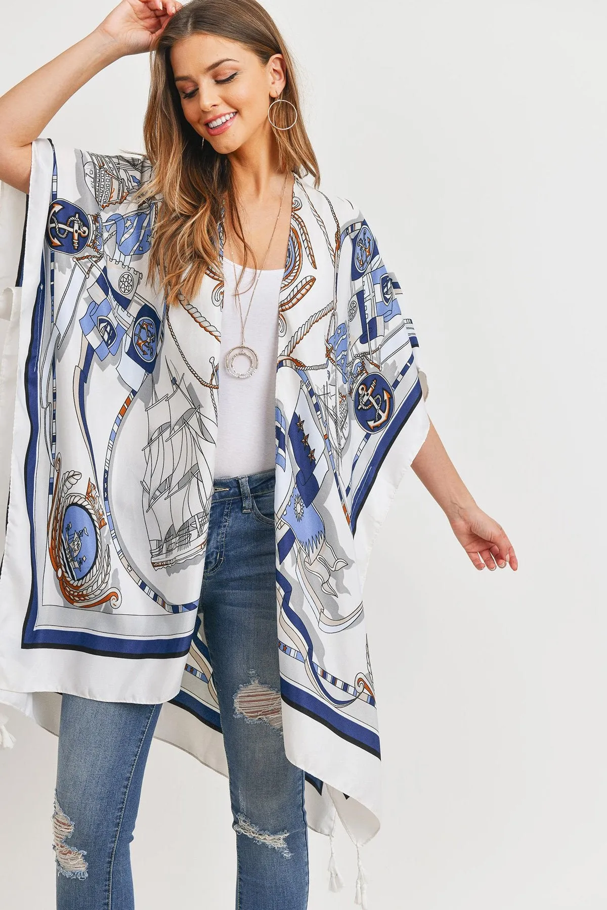 Hdf3176 - Sailors Inspired Pattern Open Front Kimono