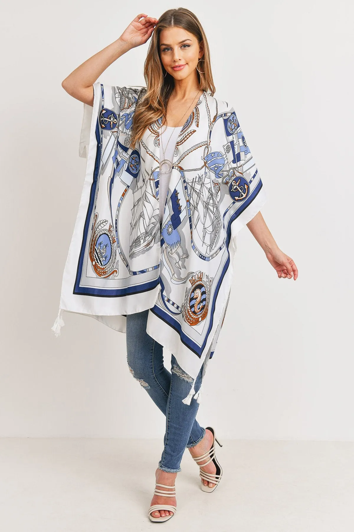 Hdf3176 - Sailors Inspired Pattern Open Front Kimono