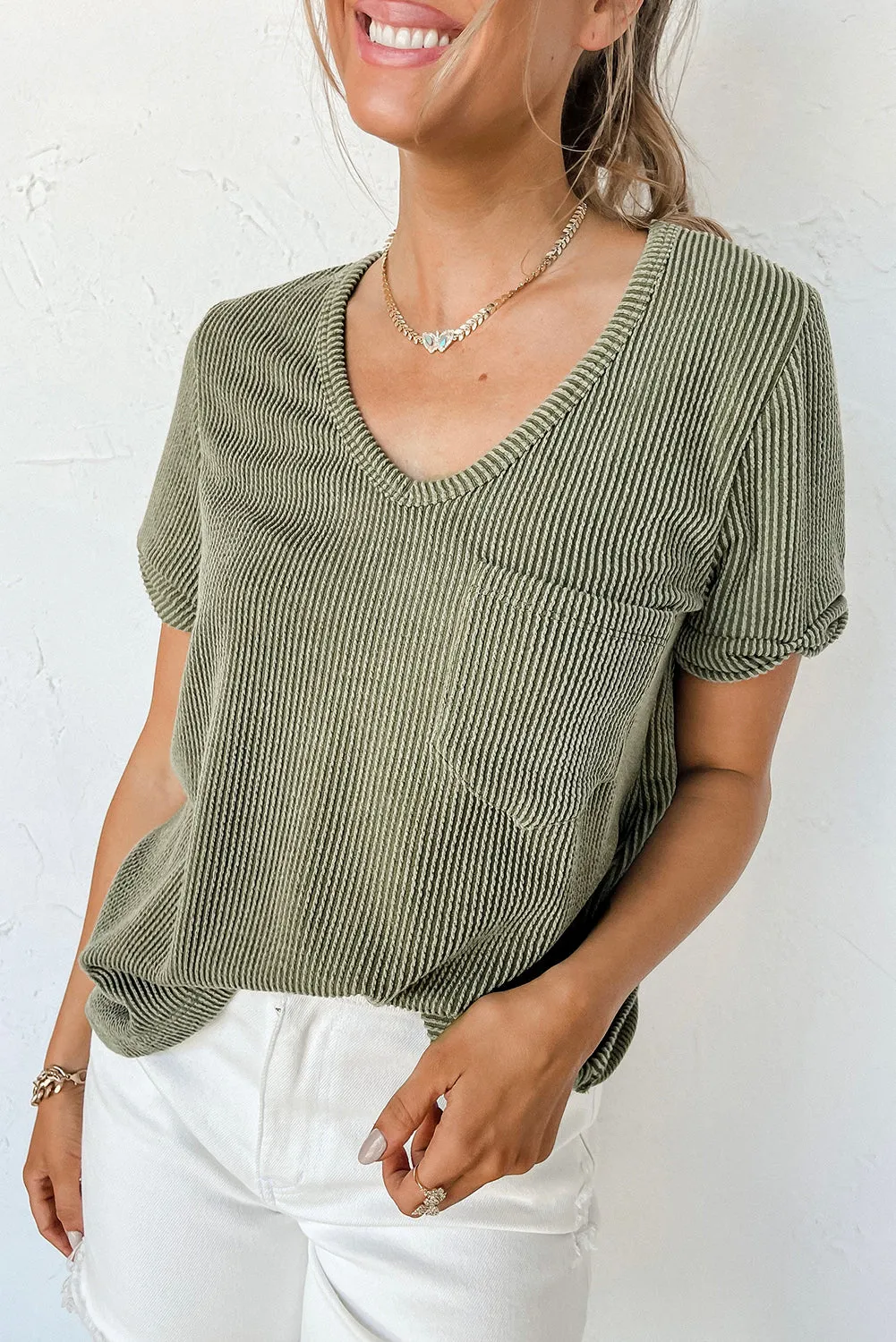 Laurel Green Twist Short Sleeve Corded V Neck Top