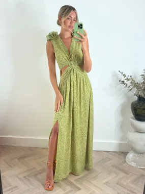 Layla Maxi dress with shoulder corsage / Green Animal