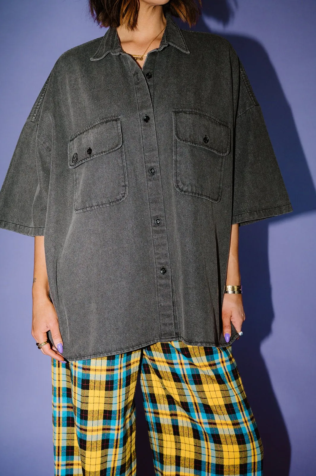 Let Them Talk Oversized Denim Button Up in Vintage Black