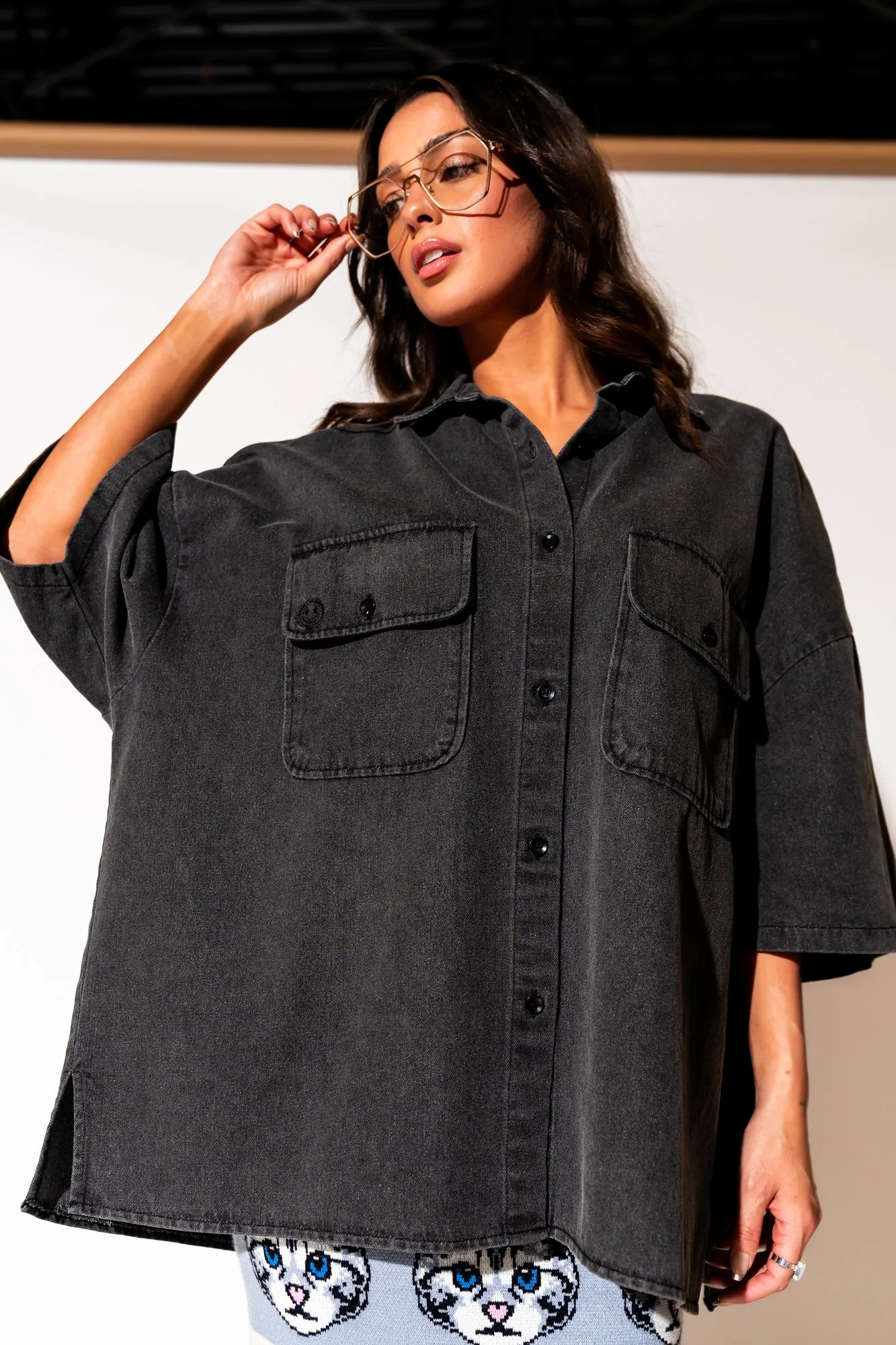 Let Them Talk Oversized Denim Button Up in Vintage Black