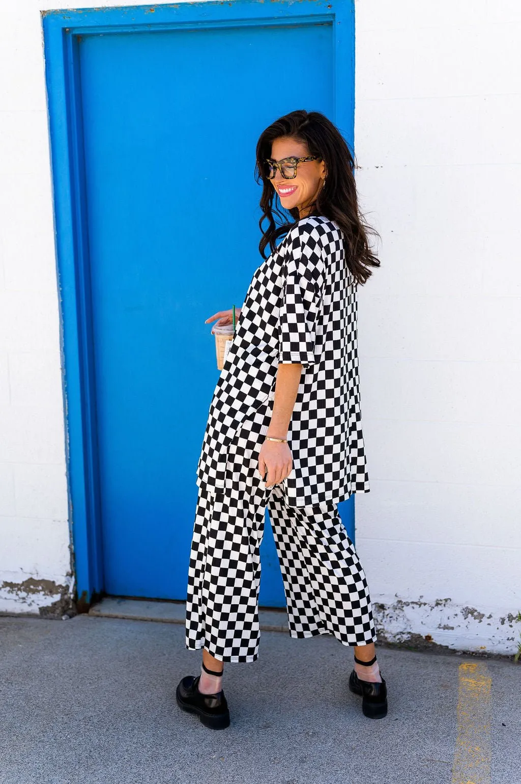 Lex Ribbed Playsuit in Black and White Checkerboard