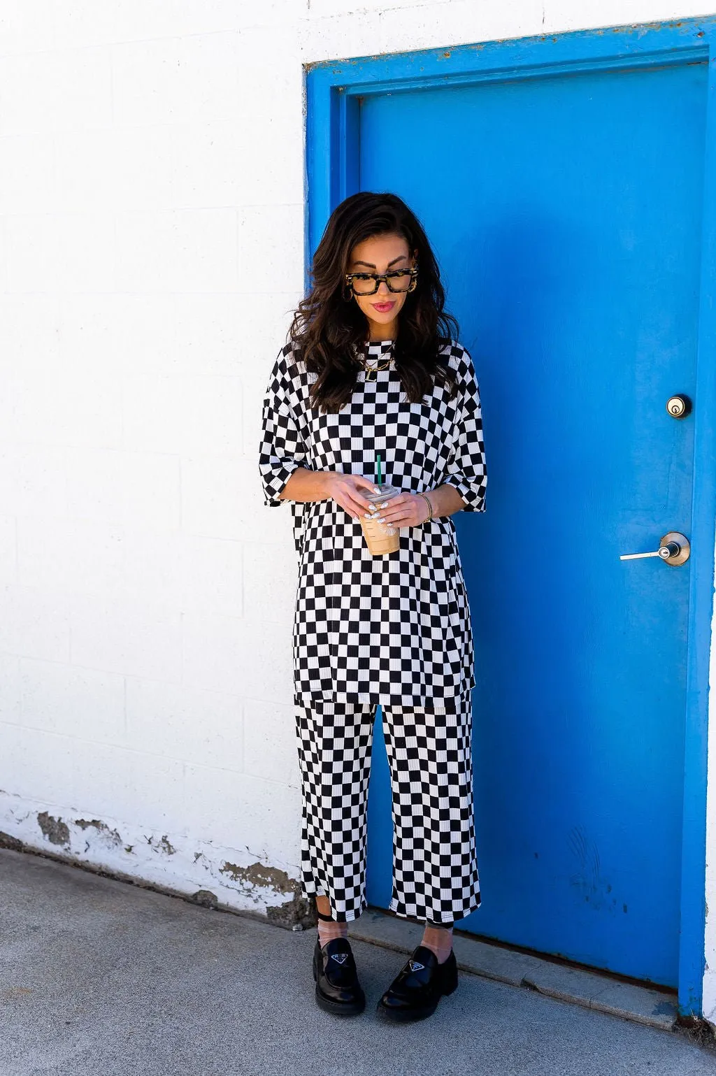 Lex Ribbed Playsuit in Black and White Checkerboard