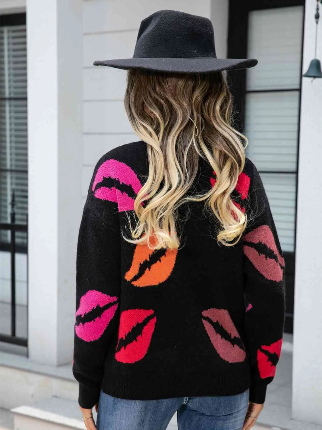 Lip V-Neck Drop Shoulder Sweater